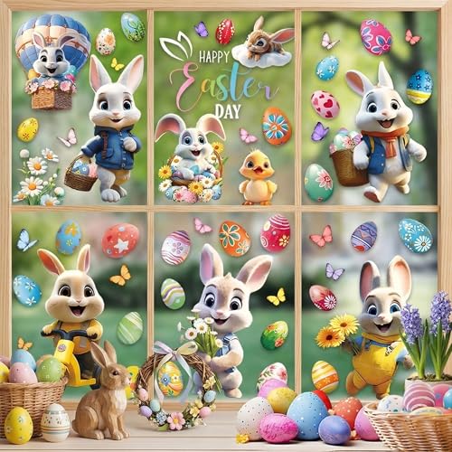 GZXUEHU Fensterbilder Ostern, 9 Blätter Fenstersticker Ostern Selbstklebend mit Eiern, Hasen Wiederverwendbar, Charmant und Amüsant (Cartoon)
