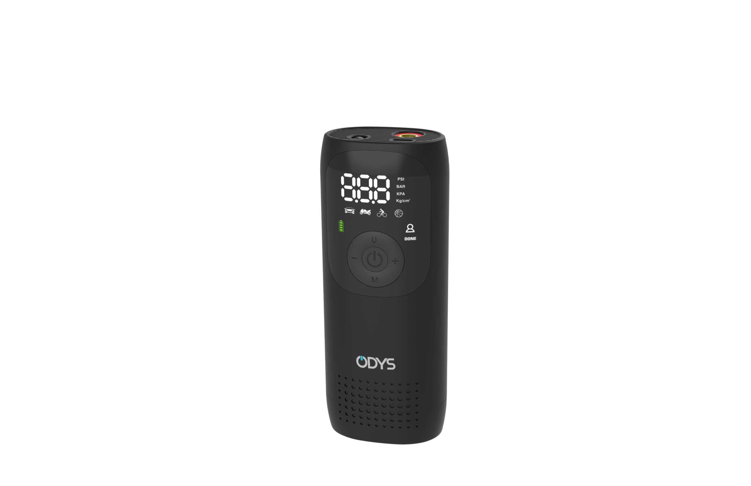 ODYS FlexPump akkubetriebener tragbarer elektrischer Luftkompressor Luftpumpe für Auto, Motorrad, Scooter, Fahrrad, Bälle (0-10Bar/0-150PSI, 2000mAh, Aufladung per USB-C, digitale Anzeige, LED Licht)