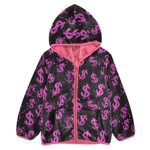 Dollar Sign Toddler Fleece Jacket Baby Girls Hooded Zipper Long Sleeve Thick Warm Outerwear 3-10 Years