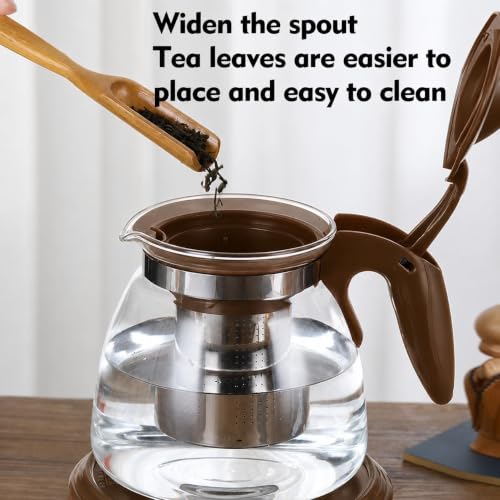 Image of Celvee Transparent Glass Teapot Set 1000ml with Stainless Steel Infuser & 4 Tea Cups | Heat Resistant Clear Tea Kettle Set | Tea Serving Set for Home, Office & Guests, Brown Handle (5 Pieces)