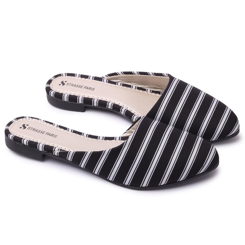STRASSE PARIS Womens & Girls White Strip Embellished Mules with Bows Flats| Amazing Style Modern Design Flat Ballerinas | Office Wear, and Casual Wear. (Numeric_4) (B09X1WM2RF) Amazon Price History, Amazon Price Tracker