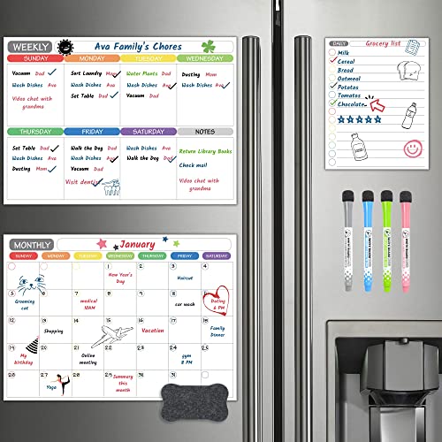 Goldforest Magnetic Dry Erase Whiteboard Calendar Set Of 3 For Fridge & Wall - Monthly, Weekly & Daily Organizer Planner And Grocery List, 4 Markers & Eraser For Family Kitchen Schedule 2023 Reusable #TOP25