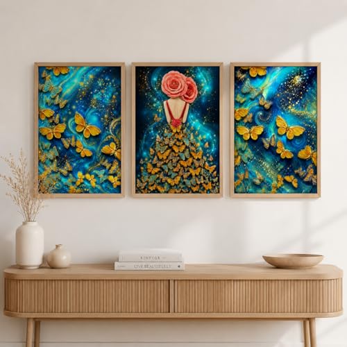 Image of Livin'luxe Set of 3 Butterfly Girl Abstract Wall Paintings for Living Room Dining Bedroom Decor with Premium Wooden Color Synthetic Frame (25.5 x 19.5 Inch) NM03-90