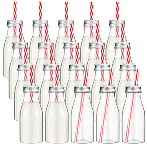 Yinkin 20 Sets Plastic Milk Bottles with Straws Lids Clear Plastic Containers for Dairy Milk Party Bottle for Juices Shakes Smoothies (8 oz,Red,White)