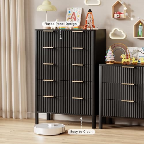 Image of 47 inch Tall Dressers for Bedroom Fluted 5 Drawer Dresser, Wooden Dresser Modern Chest of Drawers Dressers with Organizer Storage for Bedroom, Living Room, Entryway, Black