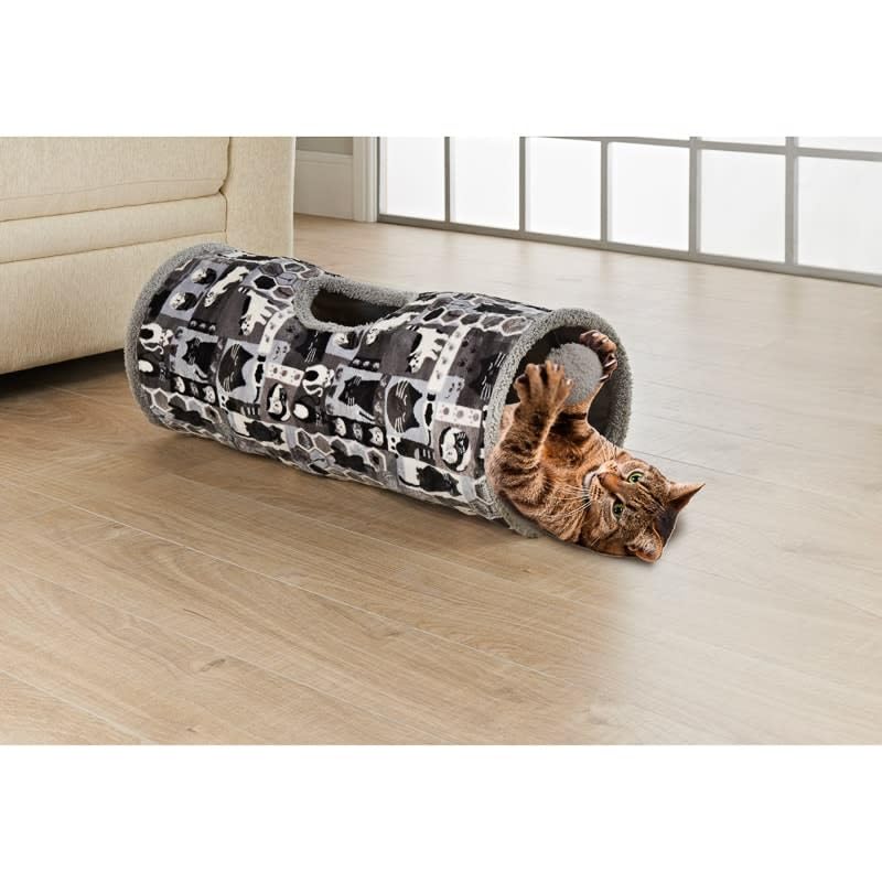 Cat Play Tunnel - Grey - Collapsible Cats Play Tube - Twisting Passage Toy - Pet Accessory - Easy Maintenance - Features Built-In Crackle Paper And A Ball To Play With - Easy And Compact Storage