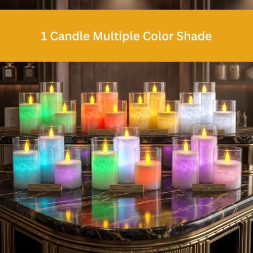 Image of LTETTES Multicolor LED Pillar Candles | Battery Operated with Remote Control | Realistic Flameless Wick | Real Glass Shell | Decorative Candles for Home Decor & Festival | Set of 3