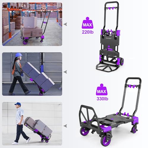 Image of 2 in 1 Folding Hand Truck, 330lbs Aluminum Portable Dolly Cart, Purple | Converts to 2 & 4 Wheel Platform Truck, 5 inch Solid Rubber Wheels, 3-Level Retractable Handle for Moving, Travel, Office