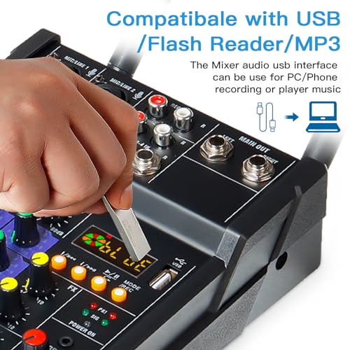 Flygrow Audio Mixer 4 Channel Dj Mixer With Dual Wireless Microphone Sound Board Console Mp3 Bluetooth 48V Phantom Power Usb Interface For Home Karaoke Studio Recording thumb #3