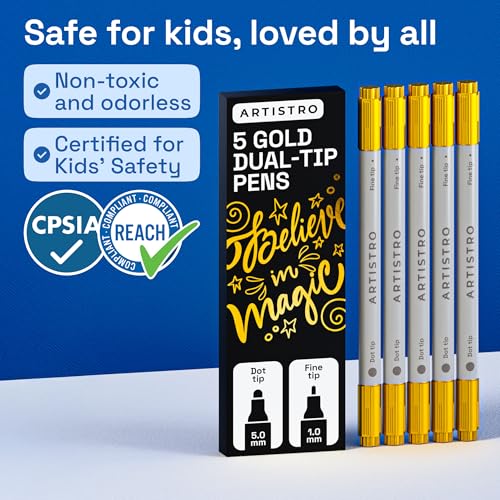 Image of ARTISTRO 5 Gold Acrylic Paint Markers for Rock, Fabric, Wood, Glass, Eggs - Dual-Tip Paint Pens for Coloring Books for Adults, Teens, Kids - Art & Craft Supplies - Gift Idea - Easter Basket Stuffers