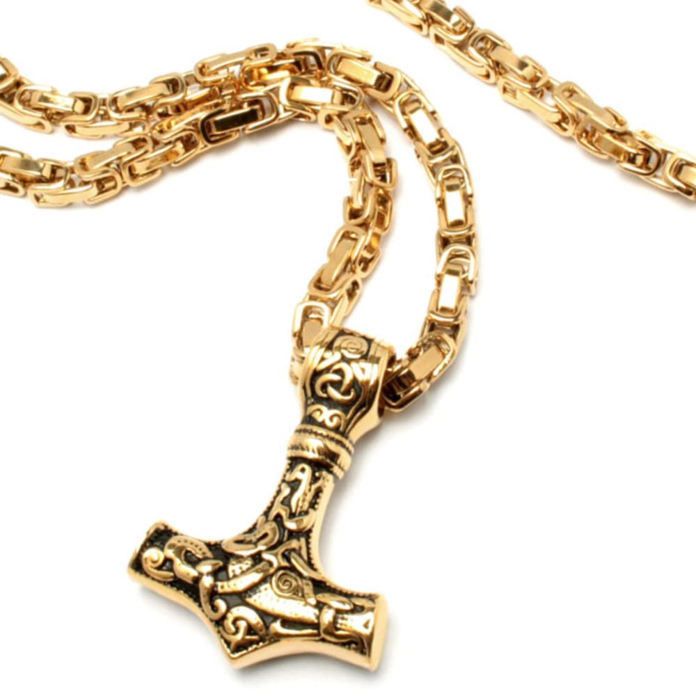 Goldener Mjölnir Thors Hammer aus vergoldetem 316L Edelstahl mit Königskette Wikingerschmuck gold Germanen-Kette Männer-Schmuck Geschenk
