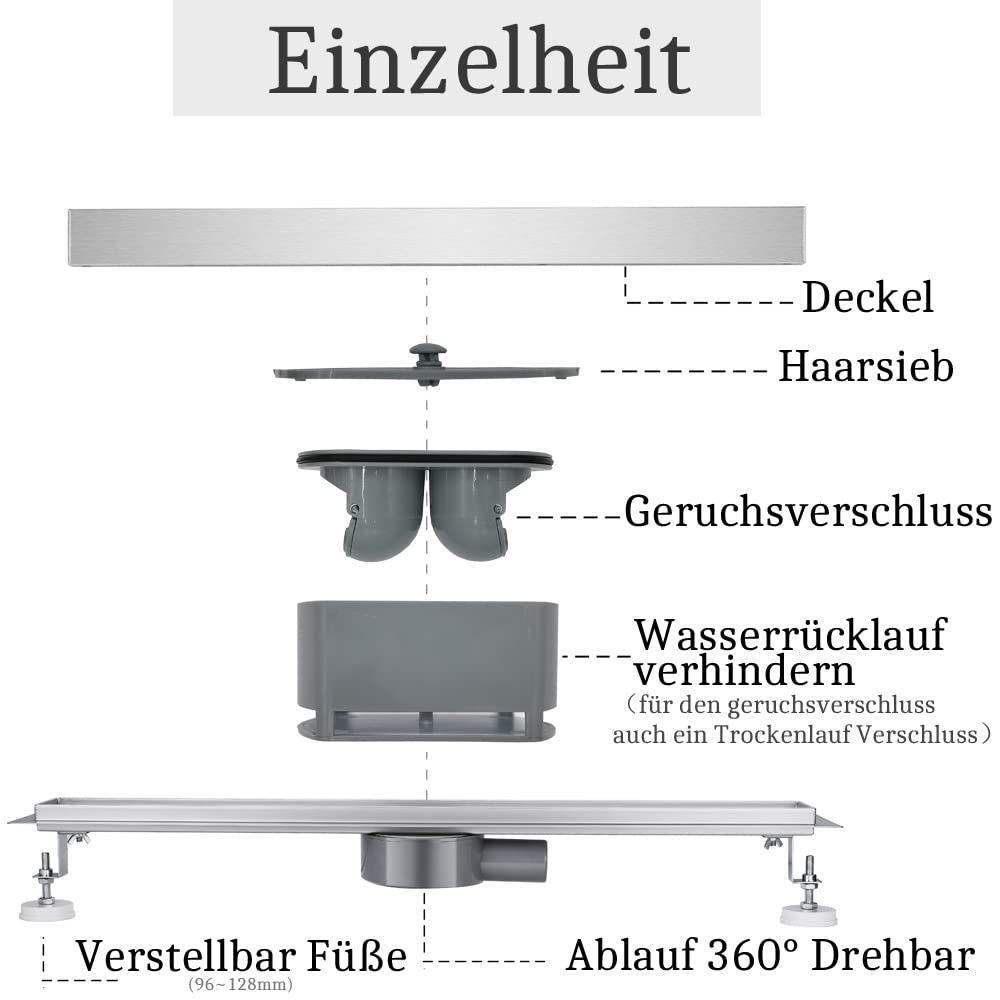Canaleta de ducha de 90 cm, juego completo, canalón de desagüe de acero inoxidable, canaleta de ducha extraplana con colador de pelo, antiolores y sifón giratorio 360°, longitud 50-120 cm,