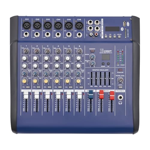 Audio Mixer, 6 Channel Professional Mixer Sound Mixing Console with LED Display, 16 DSP Reverb Effects, Multi-Volume Adjustment, DJ Mixer Bluetooth USB Sound Mixer Board for Live KTV Studio Blue