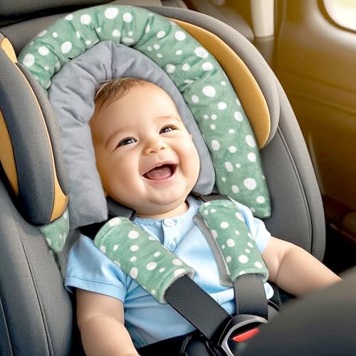 Image of GFU Baby Car Seat Head Support for Newborn, 2 in 1 Infant Car Seat Head Body Support with Strap Pads, Soft Stroller Cushion Pillow Insert for Girls and Boys, Fits for Stroller, Swing, Green