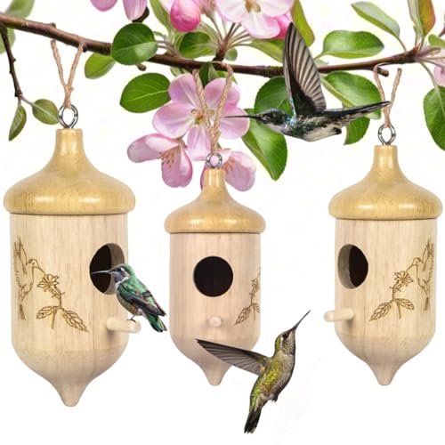 3 Pack Hummingbird House for Outdoors Hanging, Wooden Houses for Outside Nesting, Bird Houses for Garden Window Outdoor Home (Acorn Flowers and Birds)