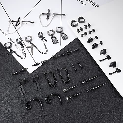 Florideco 16 Pairs Stainless Steel Y2K Punk Earrings Black for Men Women Mens Earrings Skull Cool Emo Goth Chains Jewelry Piercing Dangle Hoop Earrings Stud Set4