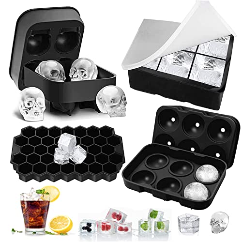 4 Pack Ice Cube Trays 3D Skull Silicone, Ice Ball Maker Mold, Hexagon Ice Cube Mold, Easy Release Square Ice Cube Tray With Lids And Funnel For Whiskey, Cocktail, Bourbon, Chilled Drinks #TOP20