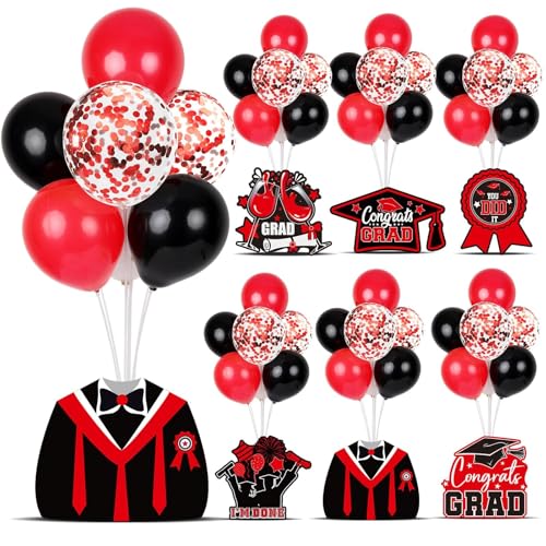 Image of 6 Sets 2026 Graduation Balloon Stand Kit for Table Black Red Balloon Class of 2026 Congrats Grad Table Centerpiece Grad Prom Themed Decoration for Grad School College Ceremonies Party Supplies