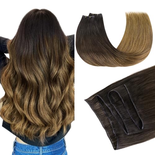 Image of GOO GOO Genius Weft Hair Extensions Human Hair, Sew In Hair Extensions Rooted Remy Weft, 1D /2C /4E Chocolate Dip Color Melt 16inch 100g, Hand Tied Weft Hair Extensions