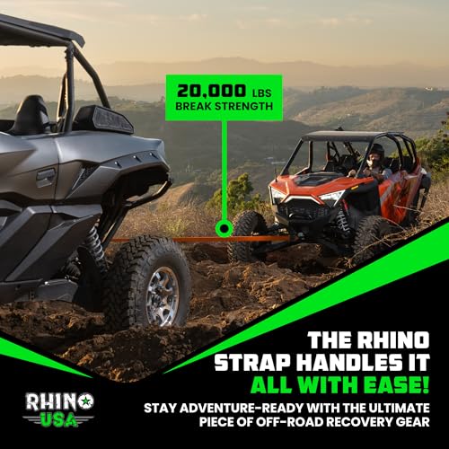 Image of Rhino USA Recovery Tow Strap (2 inchx20')-20,024lb Break Strength- Emergency Recovery Strap Tow Rope for UTV, ATV & More-Heavy Duty Towing Strap for Offroad 4x4 Use-Compatible with RZR and Can-Am (Orange)