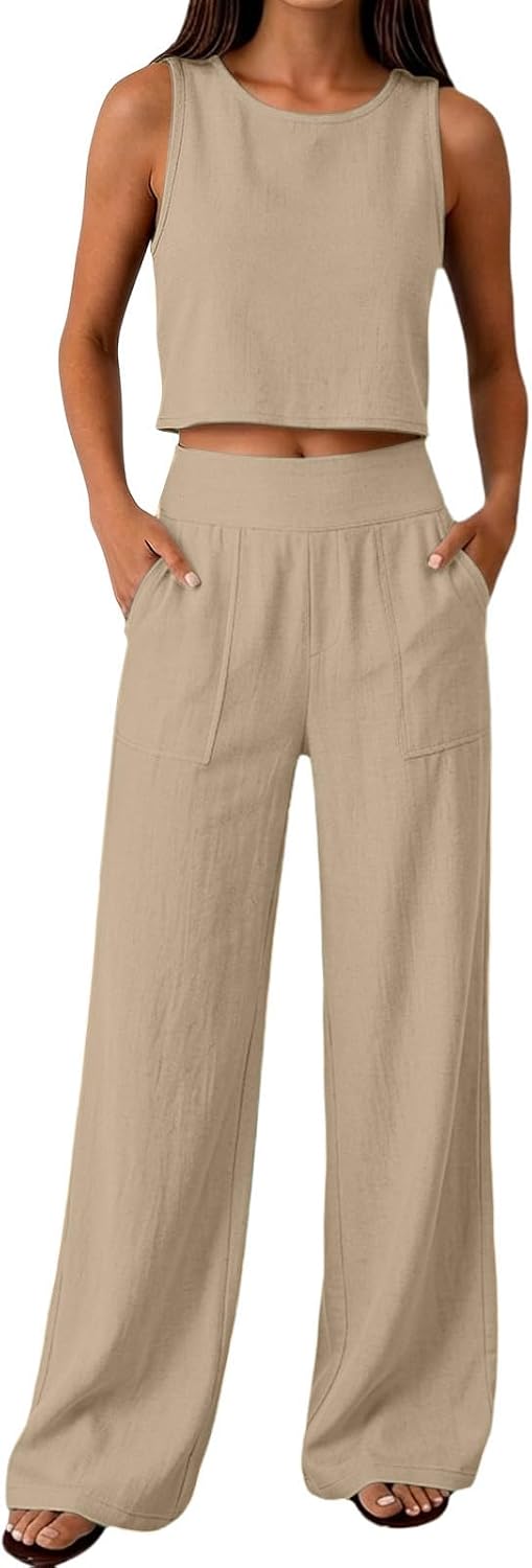 Women Business Summer Suits Solid Color Sleeveless Tank Tops Straight Leg Comfy Loose Trousers with Pockets