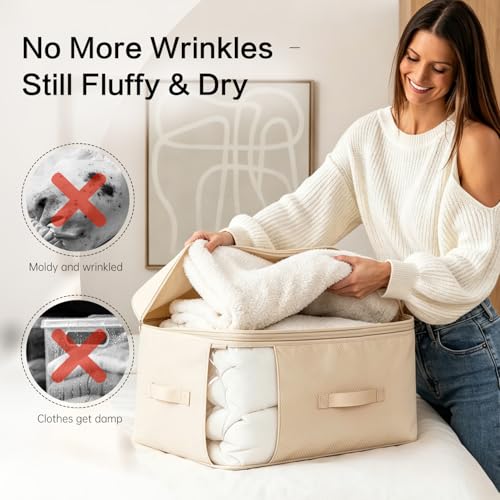 Image of Comforter Storage Bag, Large Capacity Blanket Storage Bags 2-Layer Ultra Space Saving Self Compression Organizer, Heavy Duty Space Saver Organizer for Bedding, Clothes, Blanket, 2-Pack, Beige