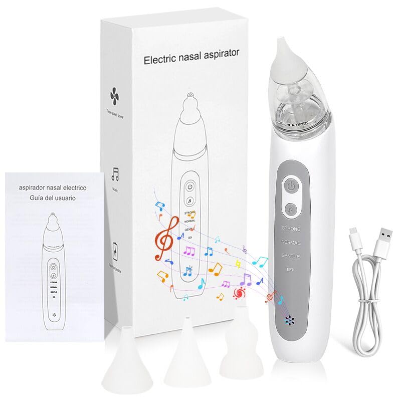 Nasensauger Baby Elektrisch, Baby Nasensauger, Baby Nasenreiniger mit 3 Silikonspitzen & 3 Saugstufen, Beruhigungsfunktion mit Musik und Licht, Anti-Rückfluss Nasensauger für Baby, Kleinkind