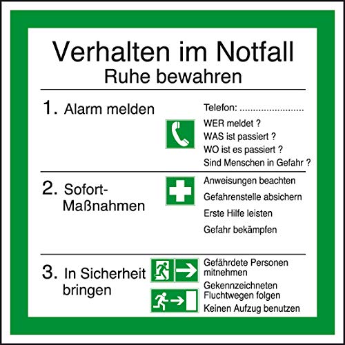 Aushang am Arbeitsplatz - Verhalten im Notfall I - Folie selbstklebend - 25 x 25 cm