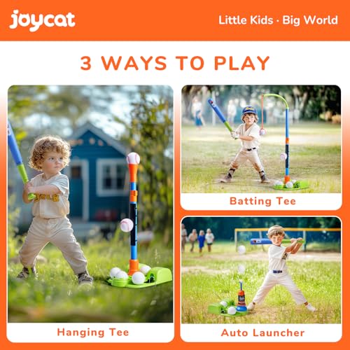 JoyCat 3-in-1 T Ball Set for Kids 3-5,Toddler Baseball Set-T Ball Stand,Hanging Tee,Auto Launcher,6 Balls-Adjustable Height Sports&Outdoor/Indoor Toys for 3 4 5 6 7 8 Year Old Boy Girl Birthday Gift
