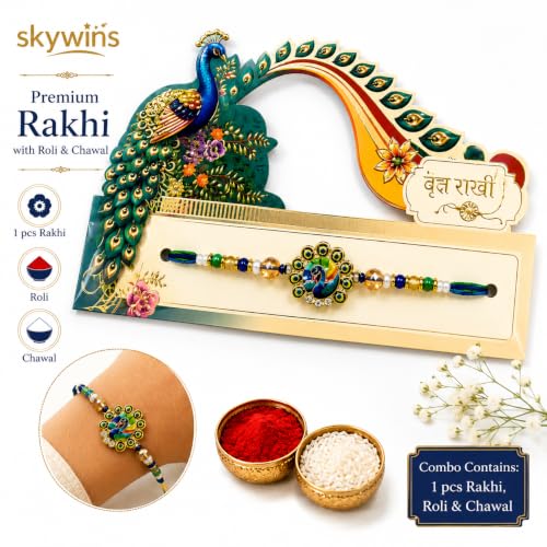 Image of Peacock Design Silver Look Rakhi Thread for Brother | Premium Bracelet Style with Roli Chawal | Traditional Raksha Bandhan Festival Gift | Single Pack of 1 sk6