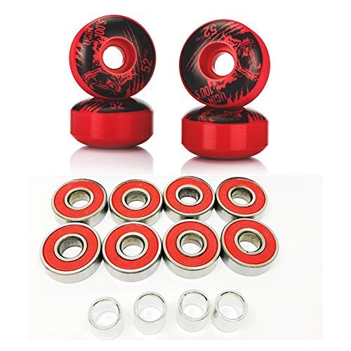 Rayauto Set of 4 Skateboard SHR-100A Hardness 75% 52mm PU Wheels + ABEC 9 Bearings and Spacers (Red)