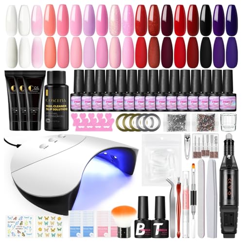 COSCELIA Kit Uñas Semipermanentes Con Lampara U-V/Led Uñas, Esmaltes Semipermanentes Para Uñas De 15 Colores, 3Pcs Poly Extension Gel Kit, Limas Para Uñas Manicura Eléctrica Professional Manicure Set