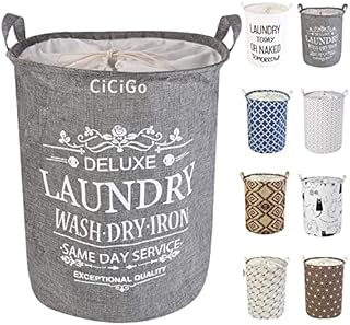 LessMo 19.7" Laundry Hamper, Collapsible Storage Basket With Easy Carry Handles, Waterproof Round Cotton Linen, for Baby Products, Toys, Bedroom Hamper