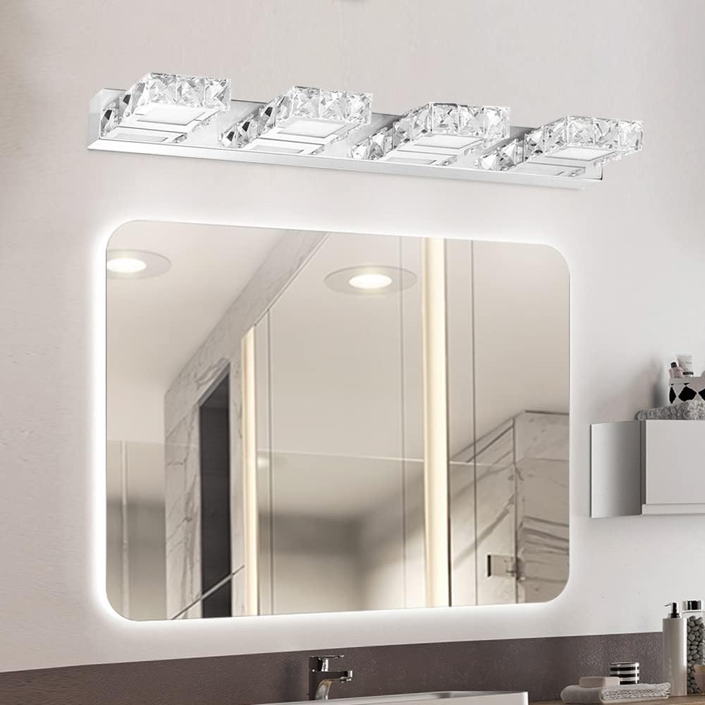 24.4 inch Crystal Vanity Light 4 Lights Bathroom Lighting Fixtures Modern Chrome Toilet LED Wall Lamp Sconce Over Mirror for Indoor Washroom Bathroom (4 Lights Cold White)