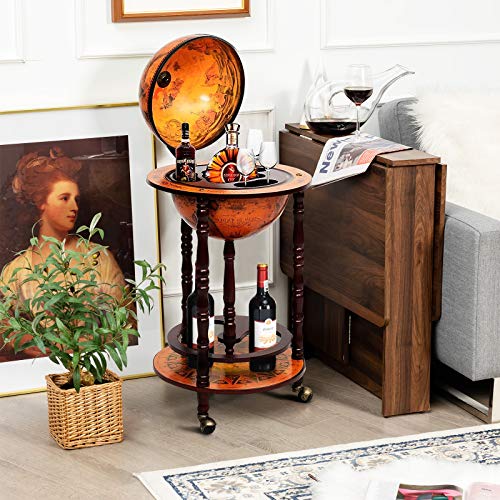 Goplus 17.5” Globe Bar, Wood Globe Bar Cart With Wheels & Liquor Bottle Shelf, 16Th Century Italian Replica Liquor Cabinet, Globe Wine Bar Stand For Living Room, Dining Room, Home (Retro Brown) #TOP1