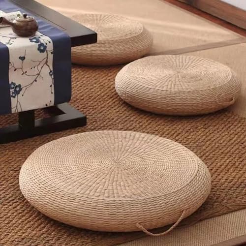 Generisch Rattan Bodenkissen Handgewebt Rund 45cm Japansstil Tatami Sitzkissen Aus Rohrkolbengras Yoga Meditationskissen FüR Balkon Schlafzimmer Wohnzimmer BodenmöBel Kompakt StrapazierfäHig (Gelb)