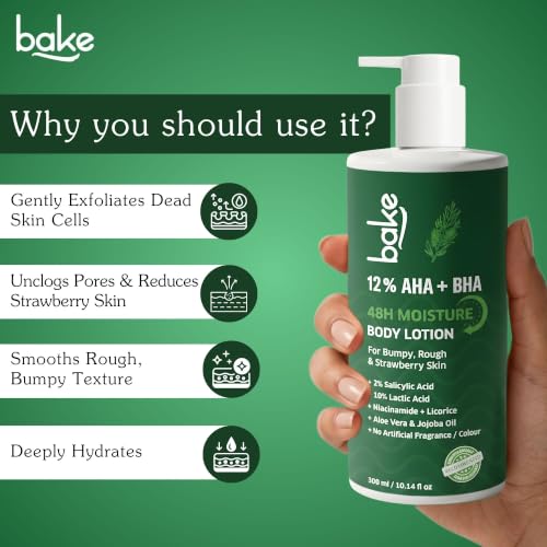 Image of BAKE 10% AHA + 2% BHA Body Lotion for Strawberry Legs | Lactic Acid & Niacinamide | 48H Moisture, Lactic Acid & Salicylic Acid Lotion for Rough & Bumpy Skin | 300ml