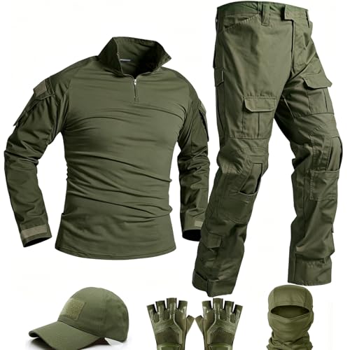 SANYETS Tactical Uniform Combat Long Sleeve Shirt and Pants Cap Gloves Balaclava Set Airsoft Suit Military Gear Amy Clothes for Men(L Green)