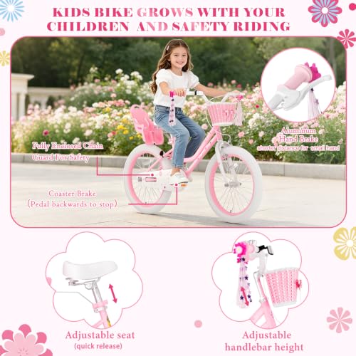 Image of Glaf Toddler Girls Bike for Age 2-12 Years Old | 12 14 16 20 Inch Kids Bike Girls Bicycle with Training Wheels,Basket,Doll Seat,Princess Style Kids Bicycle Gift