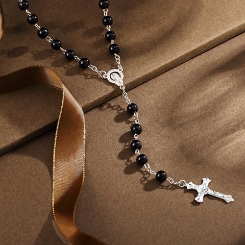 Rosary Black Beads Necklace Catholic Rosary Beads With Metal Crucifix2