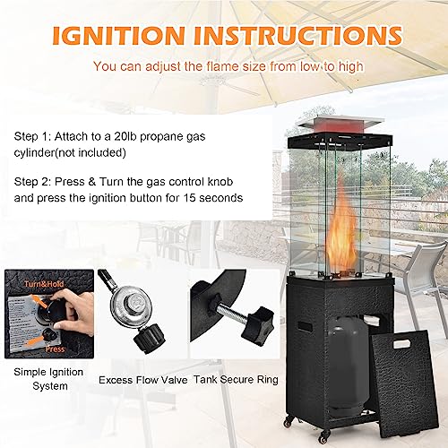 Tangkula 41,000 BTU Propane Patio Heater with Waterproof Cover, Outdoor Heater with Lockable Wheels, Adjustable Feet, Tempered Glass Tube, Suitable for Garden Porch Patio Deck (Black) - Image 6