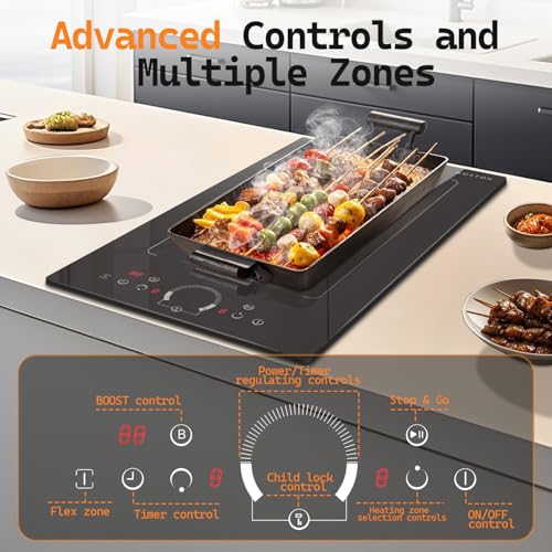 Image of Noxton Double Induction Cooktop, Upgraded Induction Stovetop with Flex Zone | 2 Burners Electric Cooktop, Power Boost, 9 Power Levels, 3500W, Child Lock, Timer, 220-240V Hard wire, No Plug, 12 Inch