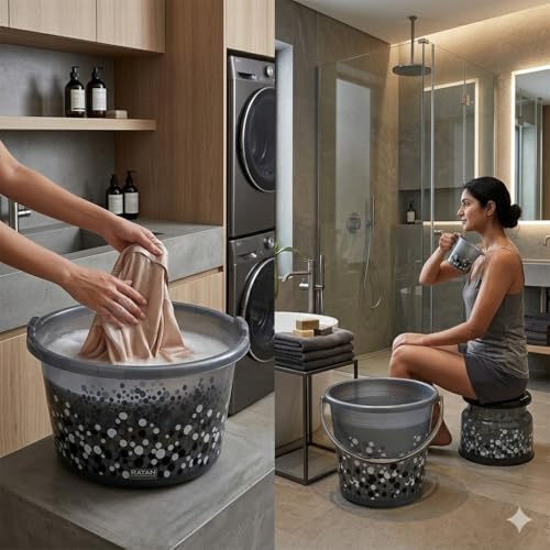 Image of AIR O MATIC Plastic Bathroom Set 06 Pieces Heavy Duty, Large Capacity (18 LTR Tub, 18 LTR Bucket, NOVA Patla Round, Tidy Dustbin 9 LTR, Mug 1LTR, Soap Case) Black