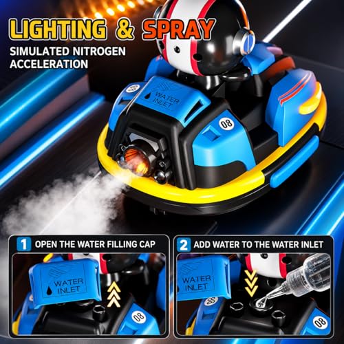 Image of RC Bumper Cars - 2 Player Remote Control Go Kart Cars with Crash Eject Drivers, Water Spray, 360 Rotation, Lights & Music, Rechargeable Kids Toy
