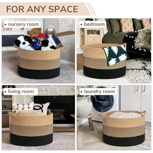 Image of INDRESSME XXXLarge Cotton Rope Basket 21.7 inch x 21.7 inch x 13.8 inch Woven Baby laundry Blanket Basket for Living Room Decor, Toy Storage Baskets for Kids Boys Girls, Camel Mix & Black