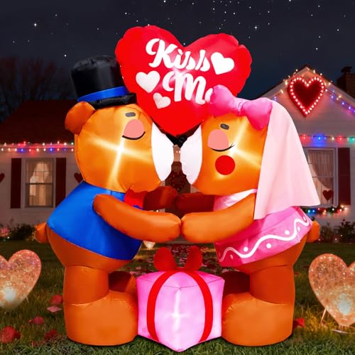 5.1FT Valentines Inflatables Couple Bear Kiss with Love & Heart Decoration Blow up Bear Inflatable Built-in Bright LED Lights for Valentine Day Inflatable Outdoor Decoration Anniversary Wedding Decor