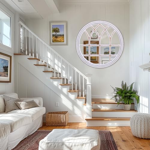Image of 36 Inch Round Wood Window Mirrors, Farmhouse Windowpane Wall Mirror | Large Decorative Accent, Boho Look, for Entryway, Living Room, Hallway, and Fireplace Mantel Styling