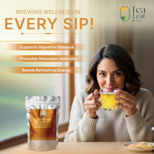 Image of Turmeric Tulsi Tea Bags (50 Count), Green Tea with Turmeric & Peppermint, Stress Relieving, Low Caffeine Gluten Free, Whole Loose-Leaf Pyramid Tea Bags