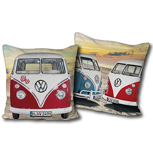 Cojín de peluche Volkswagen Bulli T1, rojo y azul, 40 cm x 40 cm, Volkswagen Bus Campervan