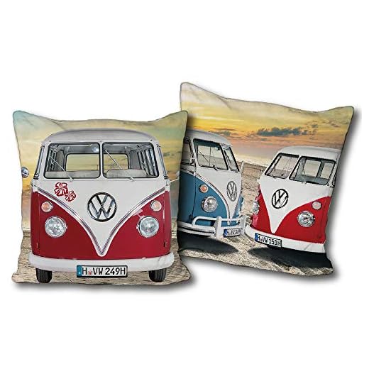 Cojín de peluche Volkswagen Bulli T1, rojo y azul, 40 cm x 40 cm, Volkswagen Bus Campervan